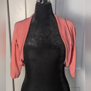 White House Black Market Cropped Open Bolero Shrug Coral Size L 3/4 Sleeves EUC